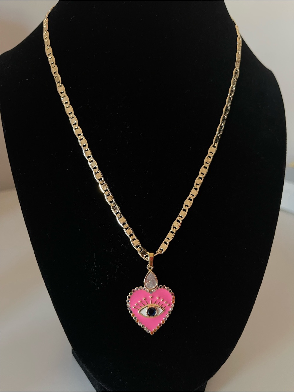 Gold Chain Necklace with Pink Heart Evil Eye Pendant